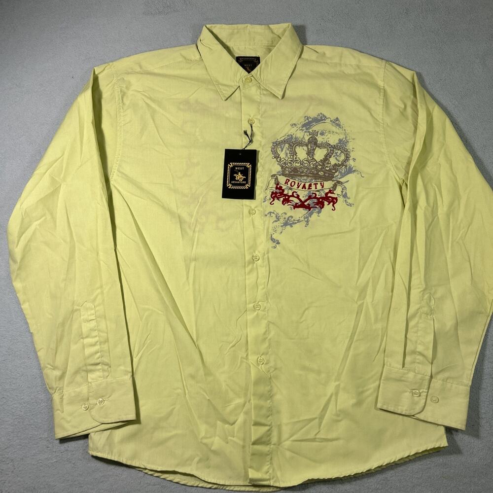 Y2k 2000s Affliction Style Royal Shield Cross Wings AOP Button Up XL Deadstock